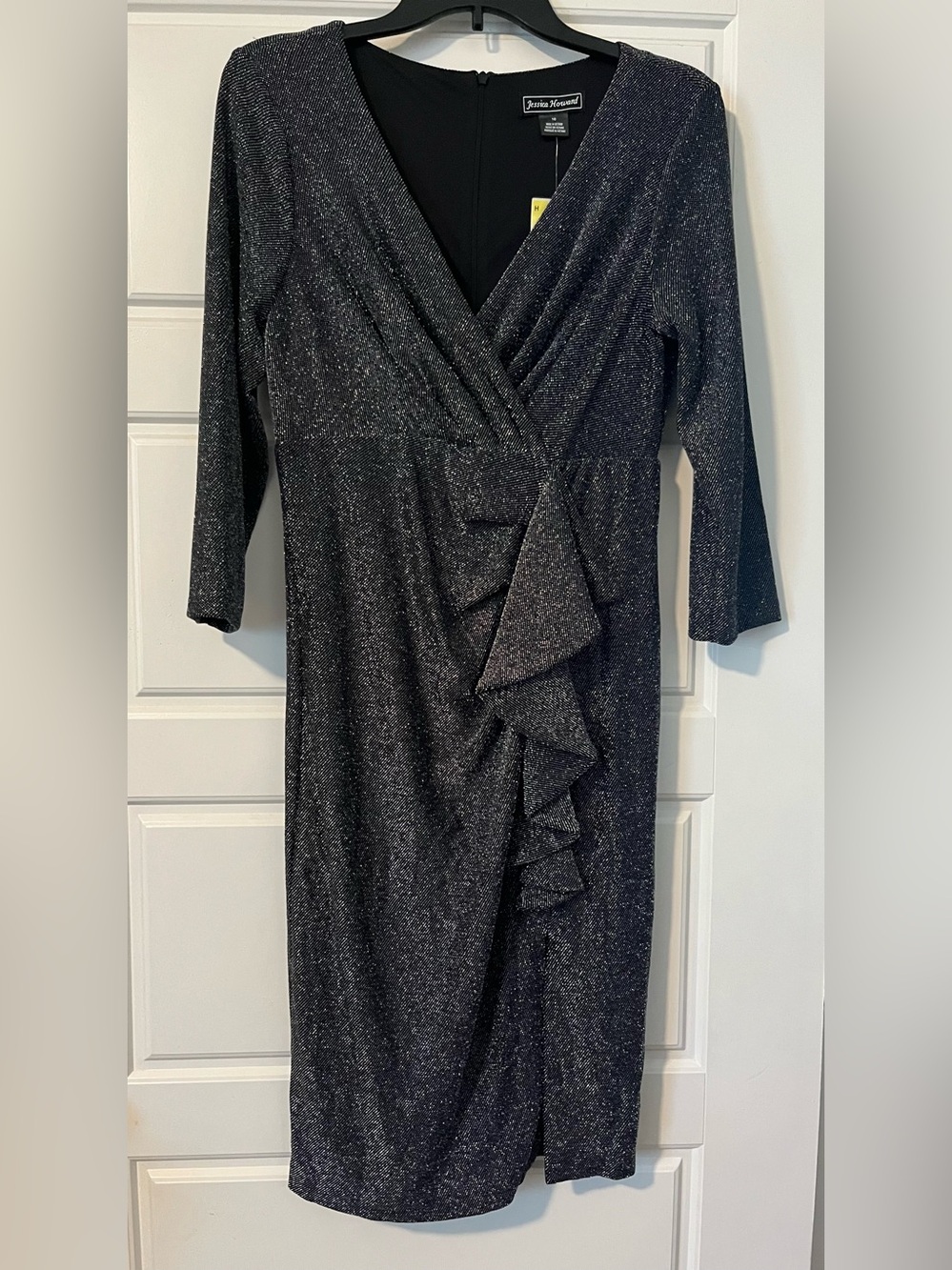 Jessica Howard Metallic Navy Wrap-Front Ruffle Midi Dress